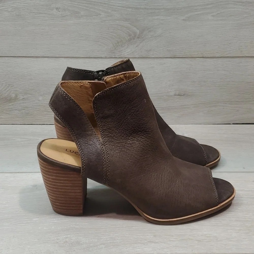 Lucky Brand Womens Jubai Peep Ankle Leather Heels Boots open toe shoes sz 10M